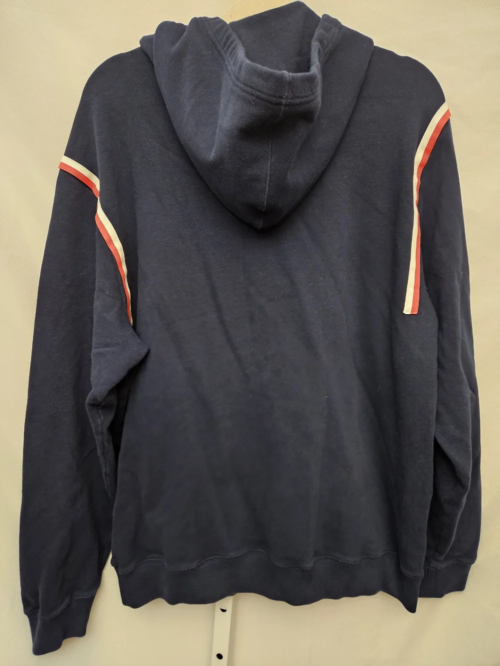 Lacoste Navy Pullover Hoodie with Red and White Shoulder Stripes